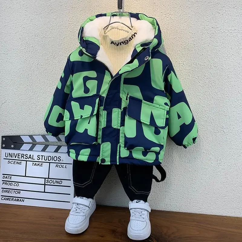 2-11Yrs Boys Velvet Zipper Coat Autumn Winter Fashion Girl Thick Letter Printing Top Children's Fleece Jacket Parka