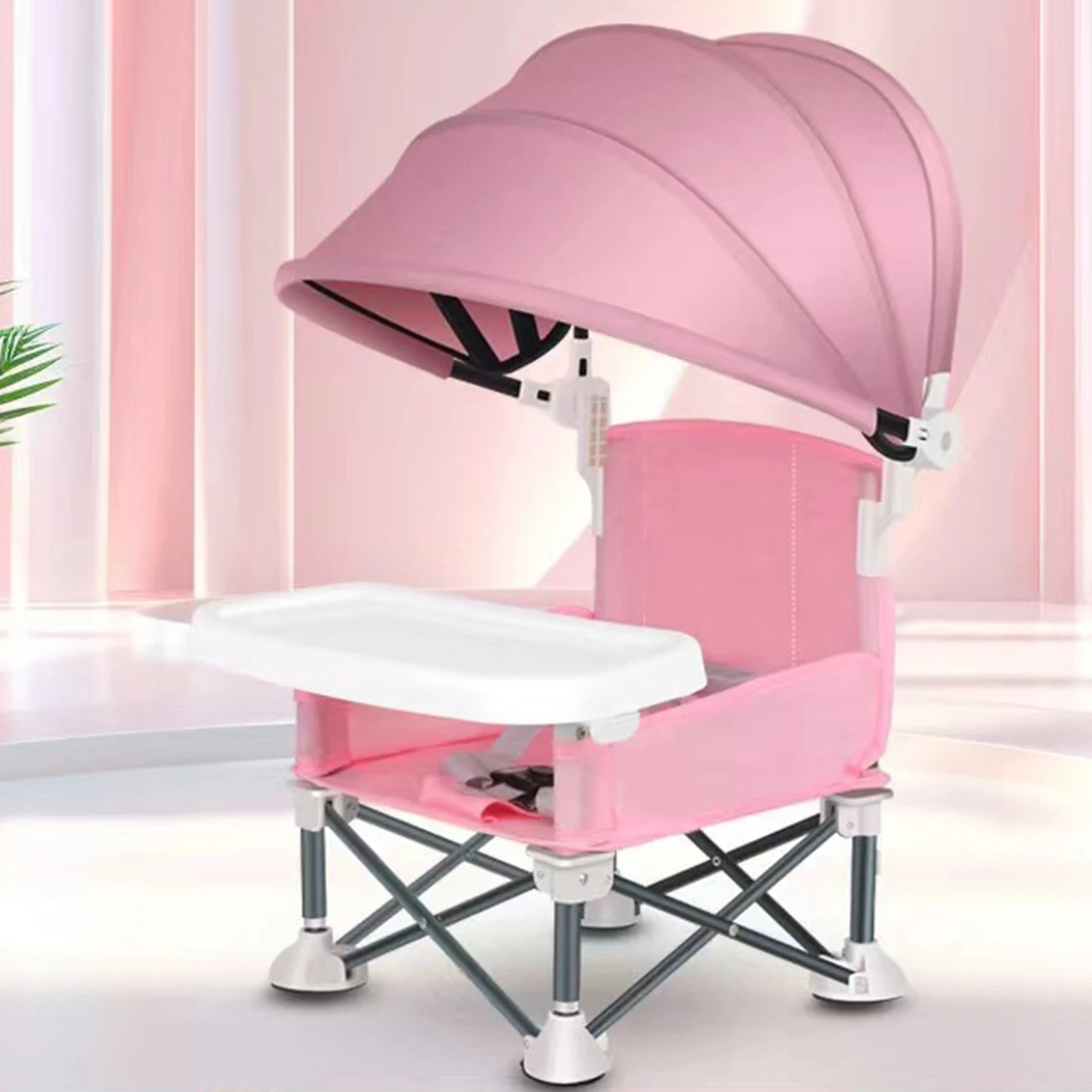Baby Feeding Chair Adjustable Toddler Chair Multifunctional Dining Chair Removable Tray Folding Raised Seat with Sunshade