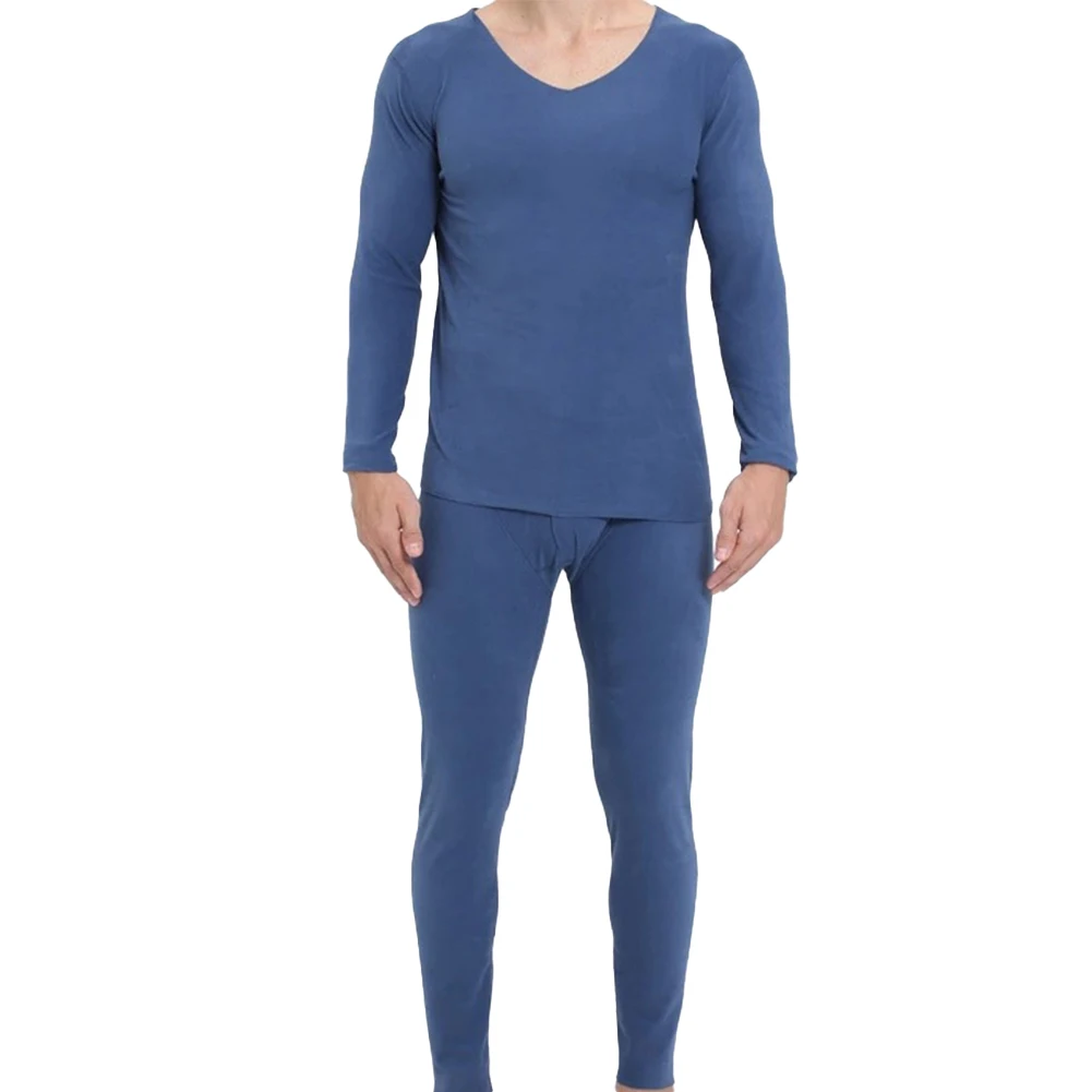 Winter Men's Thermal Long Johns Set V Neck Long Sleeve Solid Warm Top Bottom Pant Suit Elastic Thermal Underwear Set