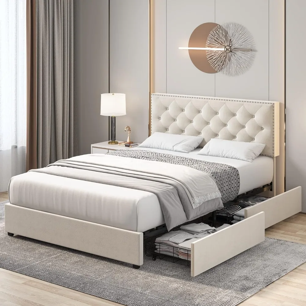 

Queen Size Bed Frame with 4 Storage Drawers, Adjustable Headboard, Wood Slat Support, Modern Upholstered Button Tufted Bed Frame