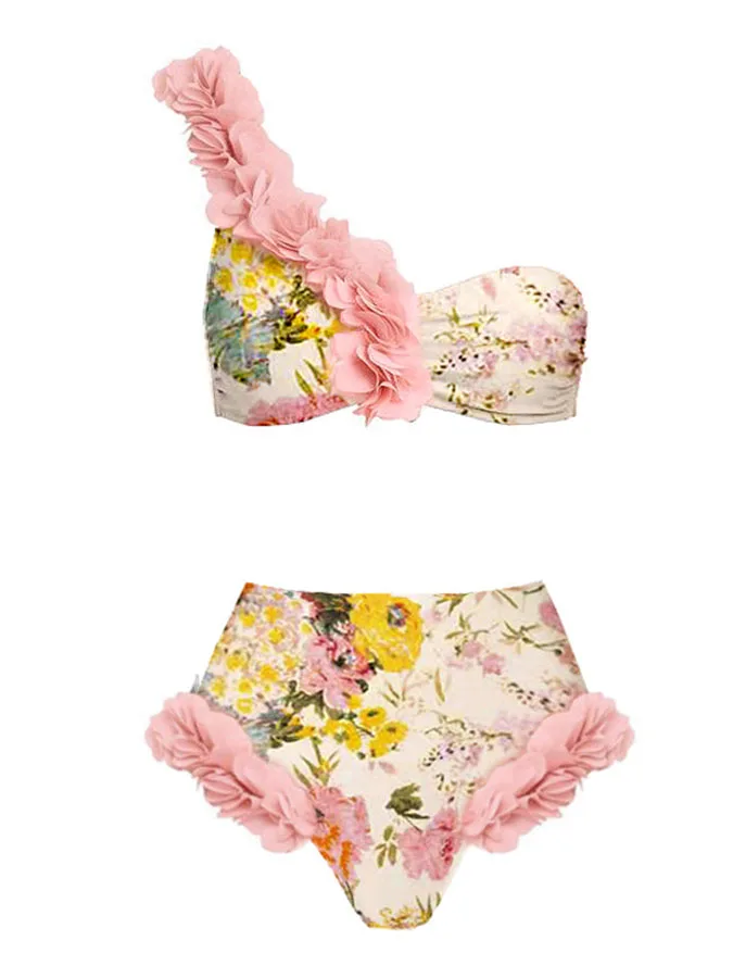 Fashion Floral Print One Shoulder Asymmetrical Design Lace Pleats Split High Waisted Women's Designer Bikini Swimsuit And Cover
