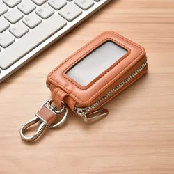 Sleek Leather Zipper Pouch: Multifunctional Key and Coin Holder (Brown)