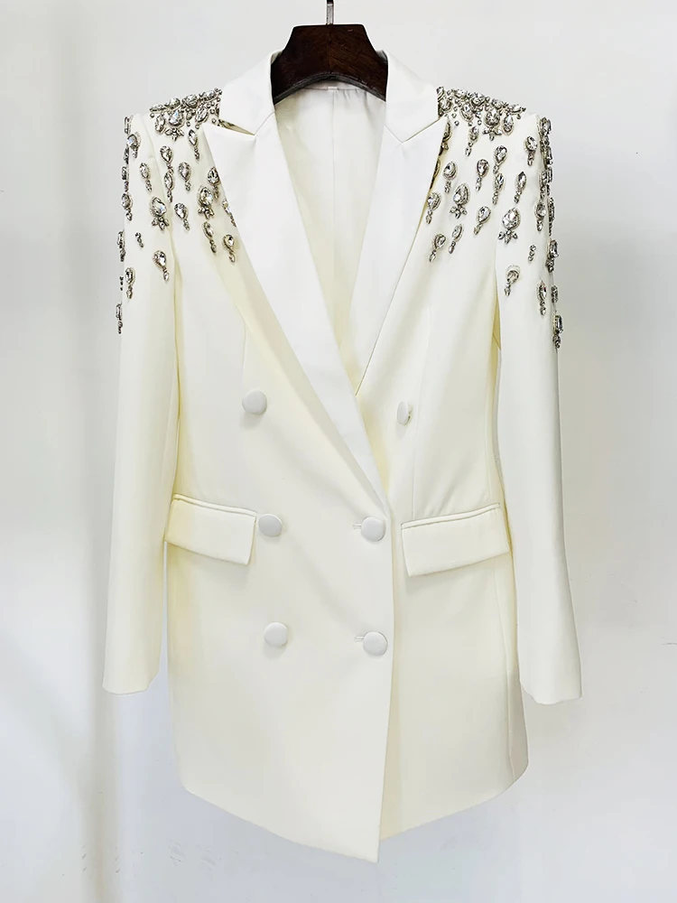 HIGH STREET New  2024 Designer Jacket Autumn Winter Fashion Women's Double Breasted Rhinestone Diamonds Beaded Long Blazer Dress