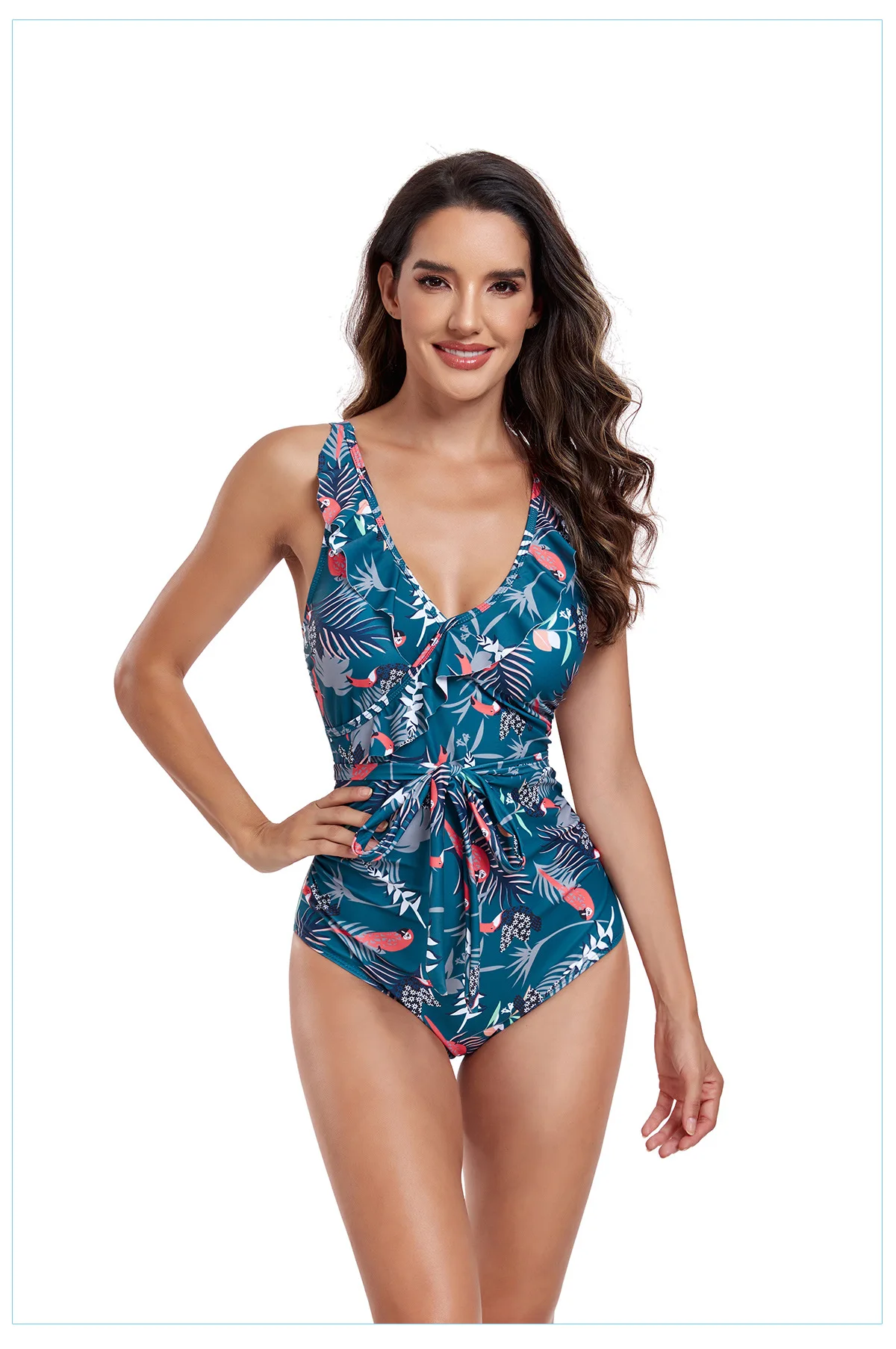 New large-sized one-piece swimsuit with lace shoulder straps and straps for women's swimwear, slimming bikini