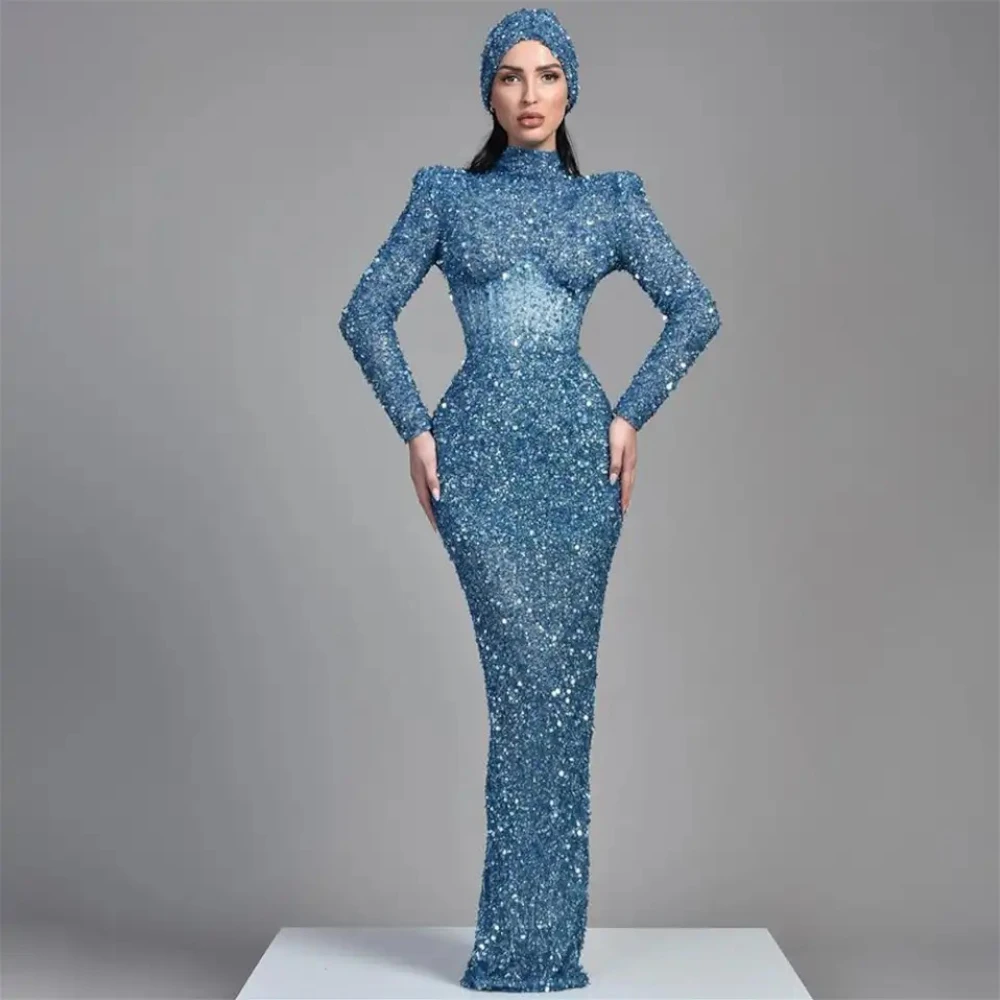 

Muslim Bride Sequins Evening Dresses Mermaid High Neck Cap Sleeves Celebrity Dress Pearls Party Gowns Glitter Bodycon Robe 2023
