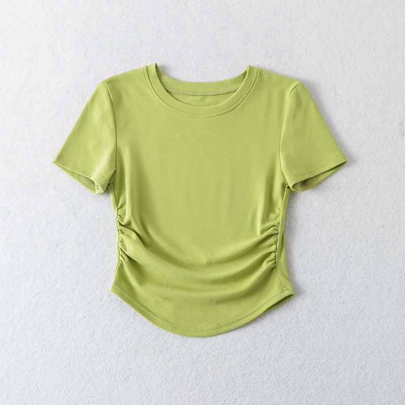 Women’s Round Neck Short Sleeve Cotton Solid Basic T-shirt Top With Ruched Sides Detail