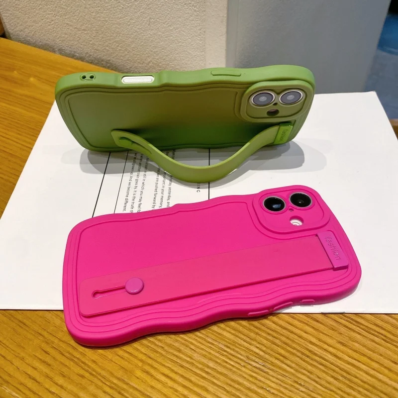 Chic Candy Color Silicone Phone Case with Wave Wrist Strap and Stand Functionality