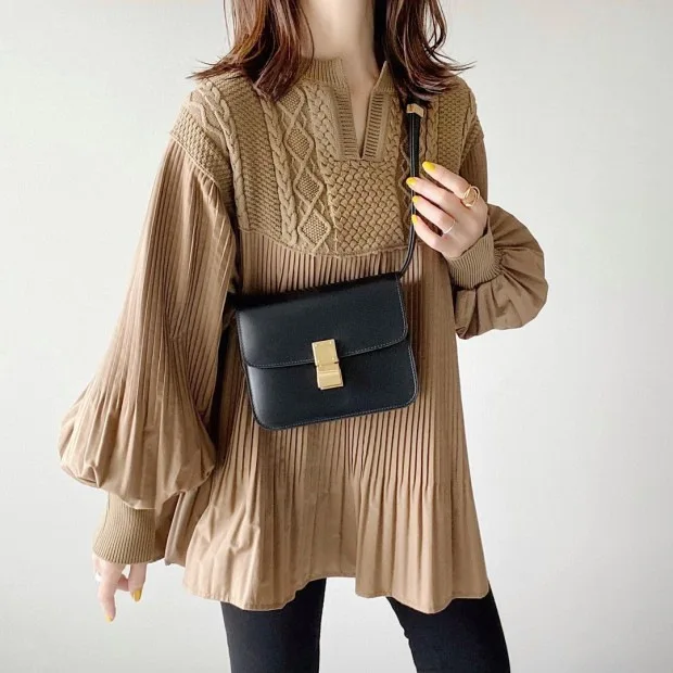

Long Sleeved Women's Winter New Japanese Style Versatile Large Size Women's V-neck Long Sleeved Pleated Sweater Patchwork Shirt
