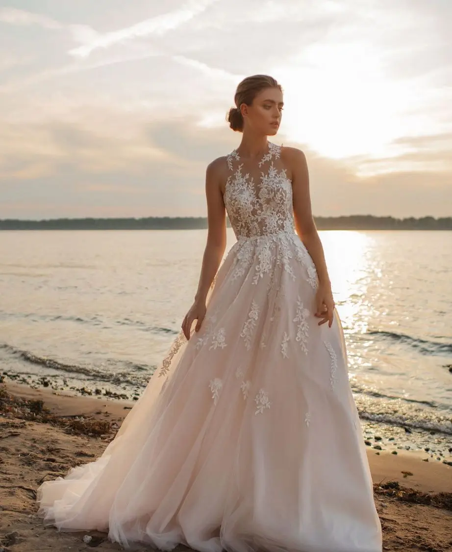 

Beach A-Line Wedding Dress O-neck Sleeveless Vestidos De Novia Custom Made Applique Vestido De Noiva