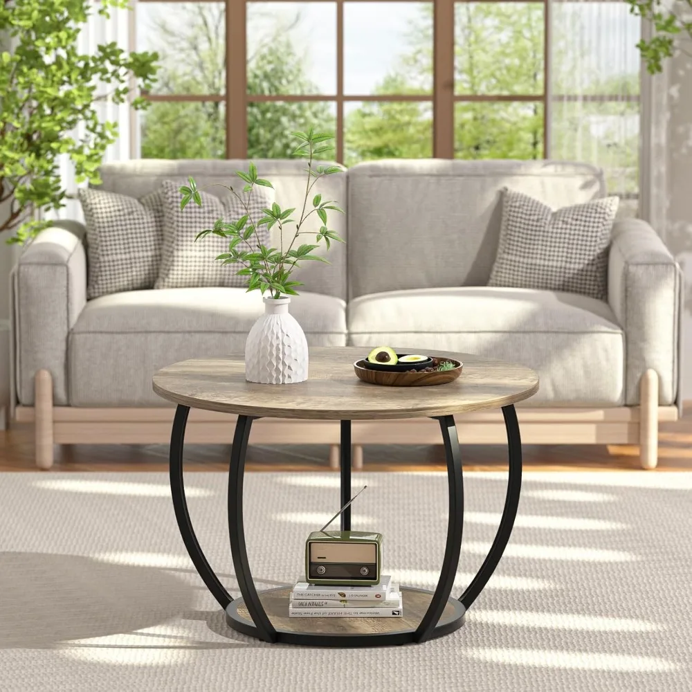 Round Coffee Table with Storage, 27.6 inch Small Living Room Tables with Adjustable Feet, Farmhouse Center Table for Home Office 2