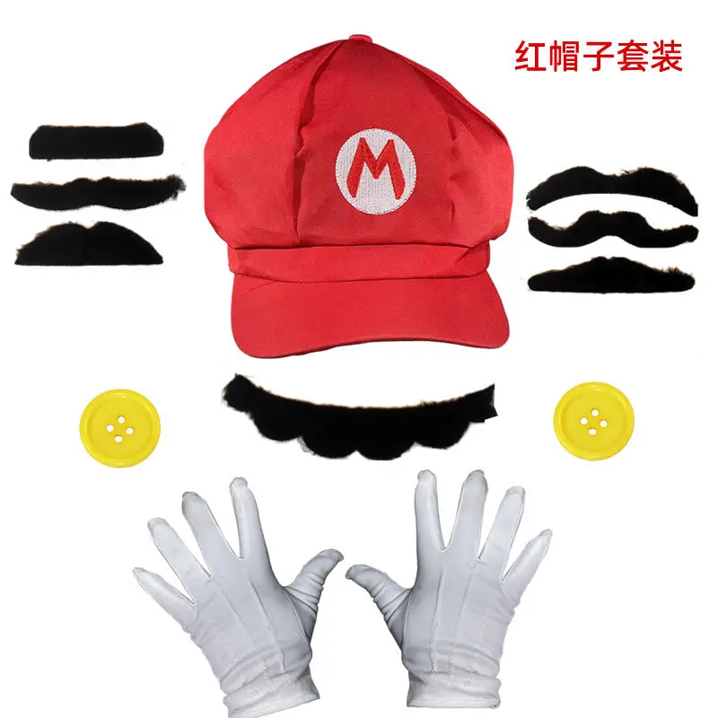 

Super Mario Role-playing Costume Anime Mario Brothers Luigi Children's Octagonal Hat, Gloves, Beard and Strap Set Adult Gift