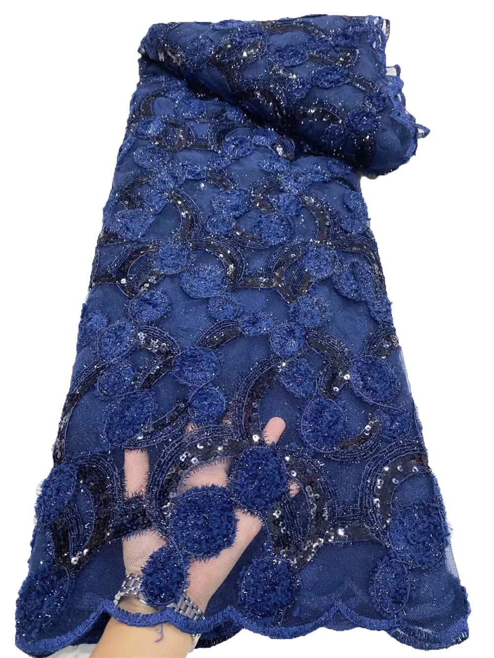 

Ulfelace African Floking Lace 3d Velvet And Hanging Color Sequins Embroidery Skin Soft Tulle Nigerian Garment Sewing Wear OR3700