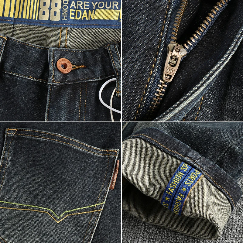 Simple Embroidery American Vintage Casual Denim Jeans for Men Autumn Washed Slim Fit Straight Pants Y2k Youth Male Trousers 4