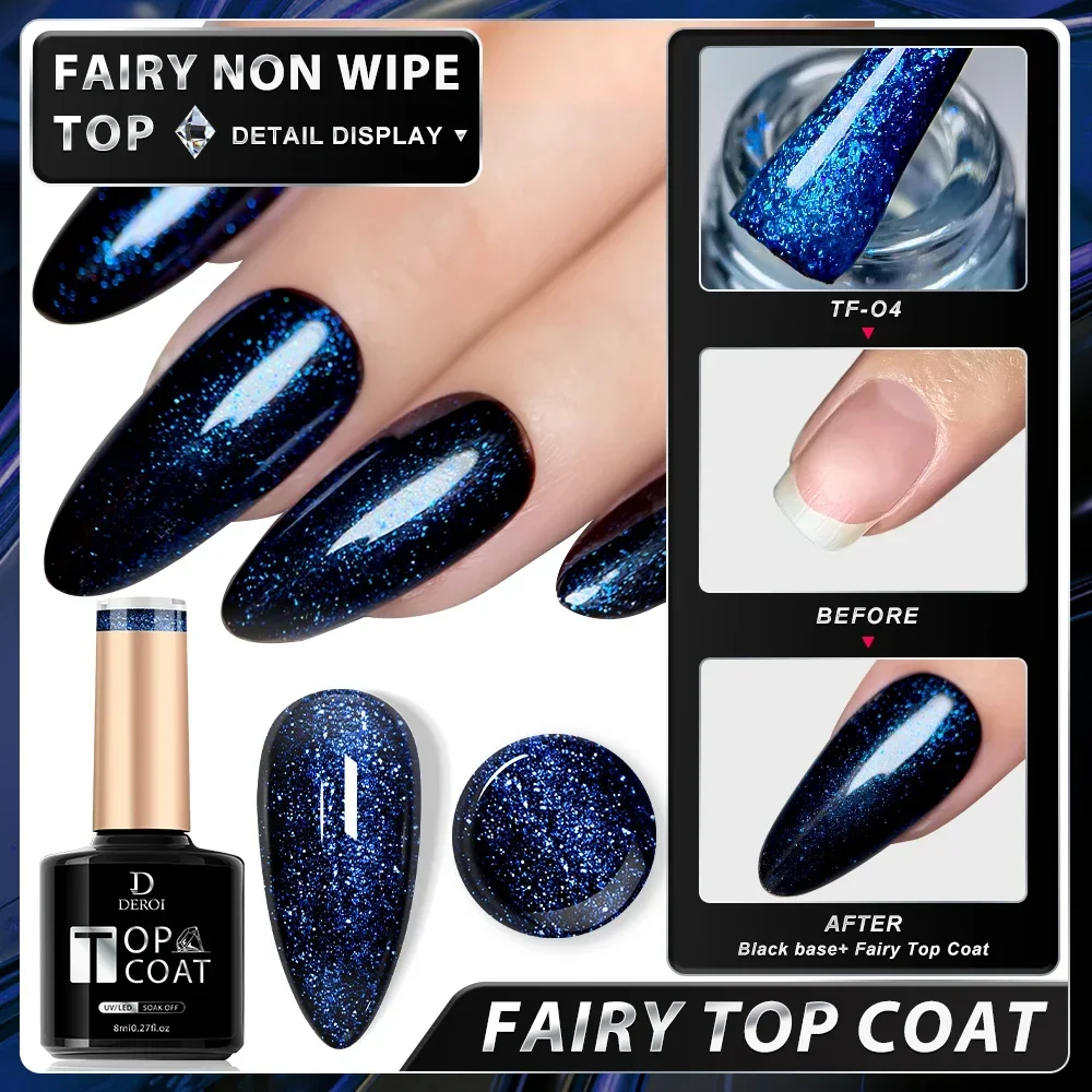 DEROI 8ML Sparkly No Wipe Gel Top Coat Glitter Topcoat Gold Foil UV Gel Matte Manicure Nail Art DIY Soak Off Shine Gel Polish 5