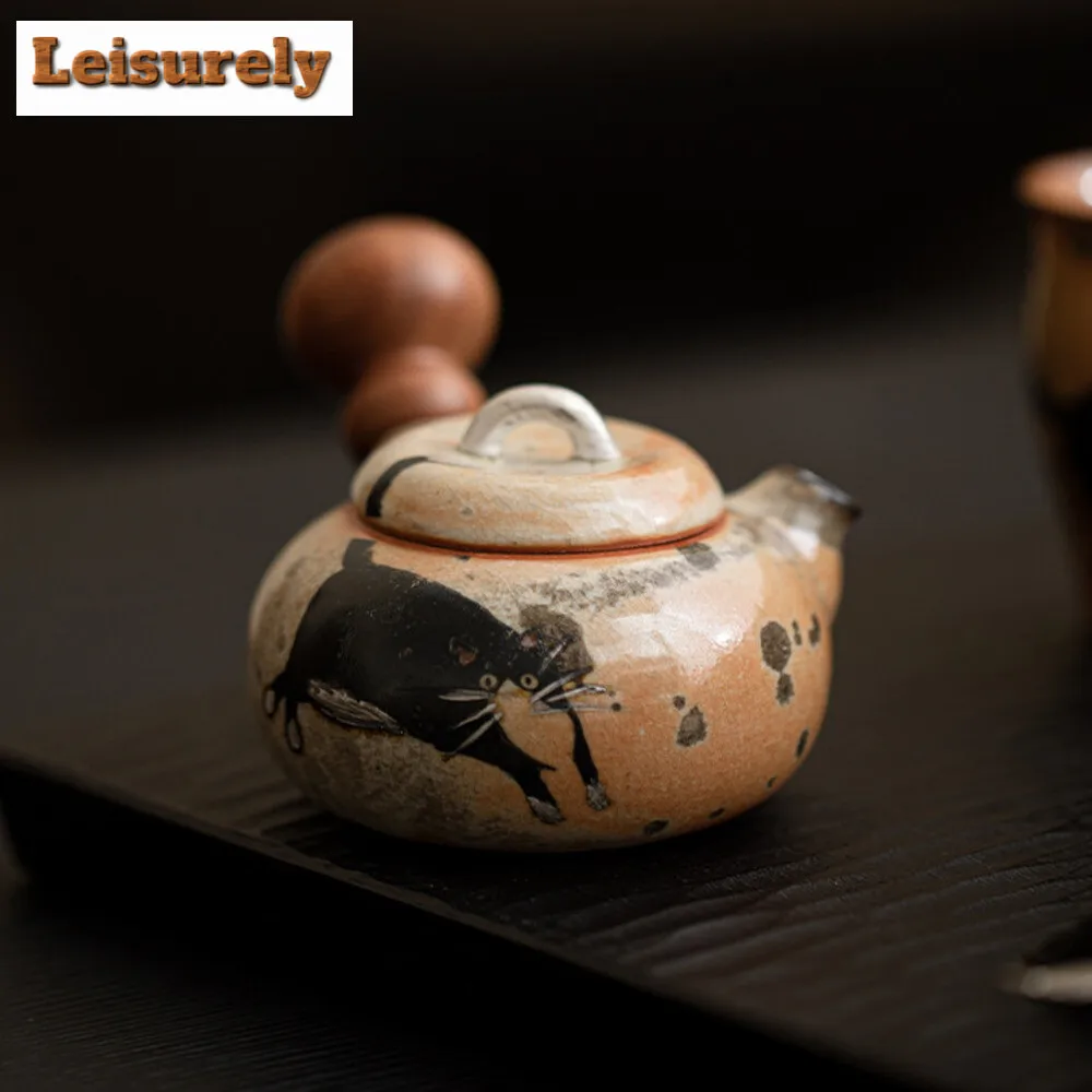 100ml Creative Zhiye Cat Side Handle Pot for Making Tea Handmade Wood-fired Porcelain Pot  for Infusions Kettle Kung Fu Tea Set