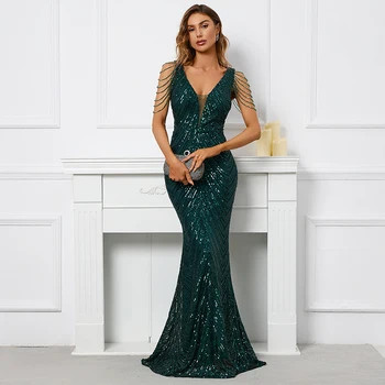 Alternative view of Wumi V Neck Sequin Beaded Mermaid Gown