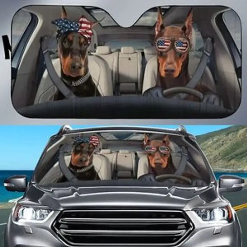 

American Doberman Couple Car Sunshade Doberman Patriot Day Dog Lover Gift Windshield Sunshade