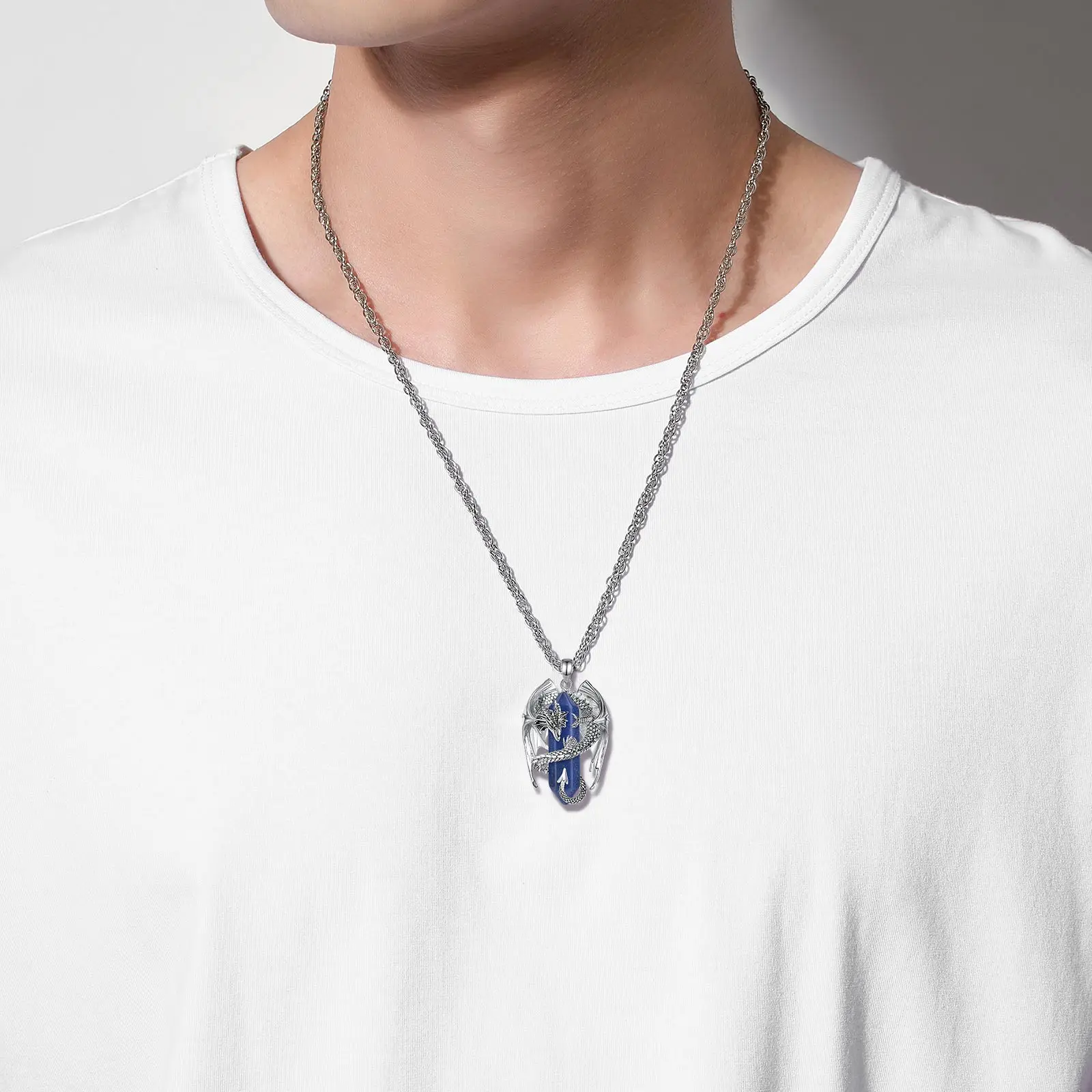 Eudora Dragon Twining Hexagonal Lapis Lazuli Prismatic Necklace Punk Healing Crystal Stone Pendant Jewelry For Women Man Gift pendant necklace