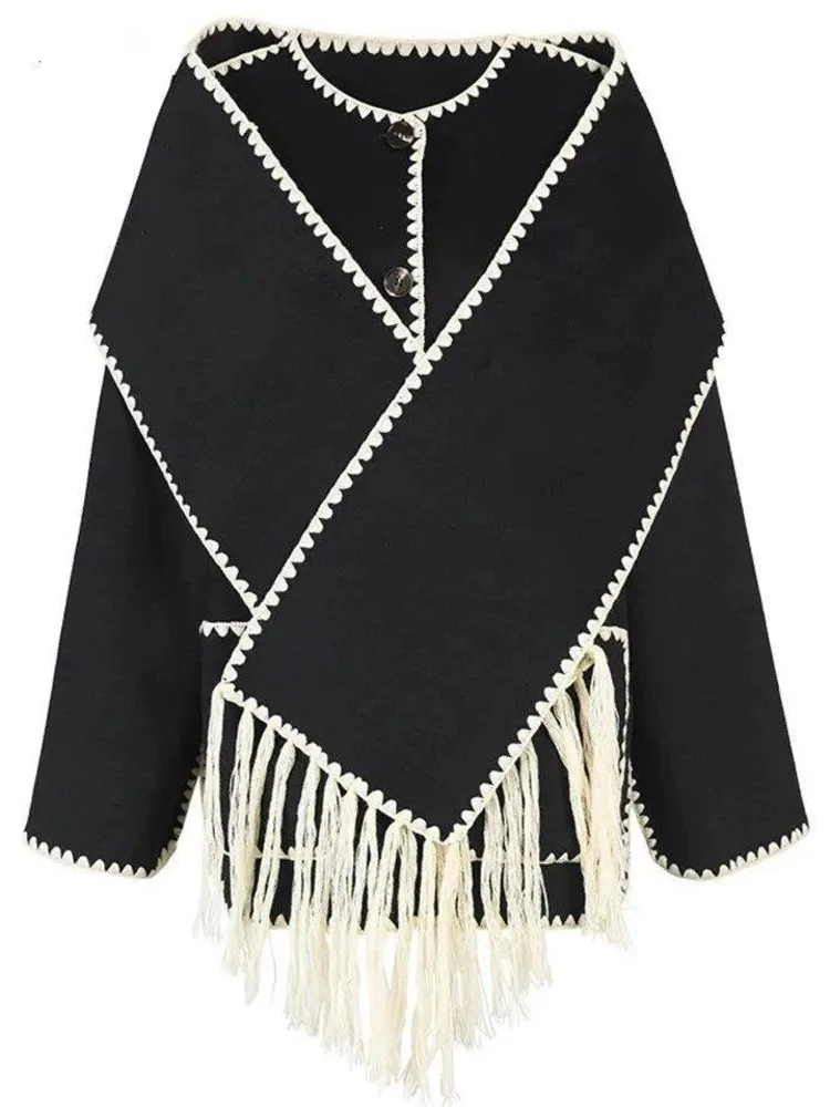 

NICEWOMEN Black Tassel Scarf Big Size Warm Jacket Loose New Lapel Long Sleeve Women Gray Coat Fashion Tide Spring Autumn 2023
