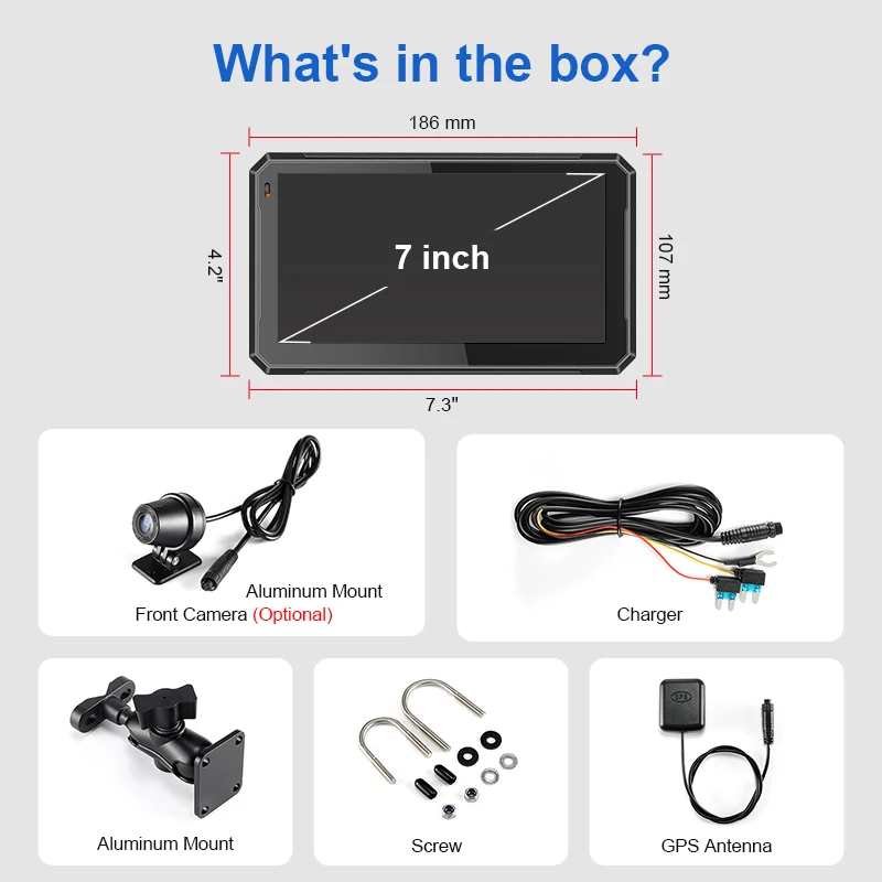 Motorcycle Navigation Display Motorcycle Navigation Screen Portable 7 Inch Motorcycle Navigation GPS Wireless Apple Carplay Android Auto IPX7Waterproof Motorcycle BT Touch Screen Display