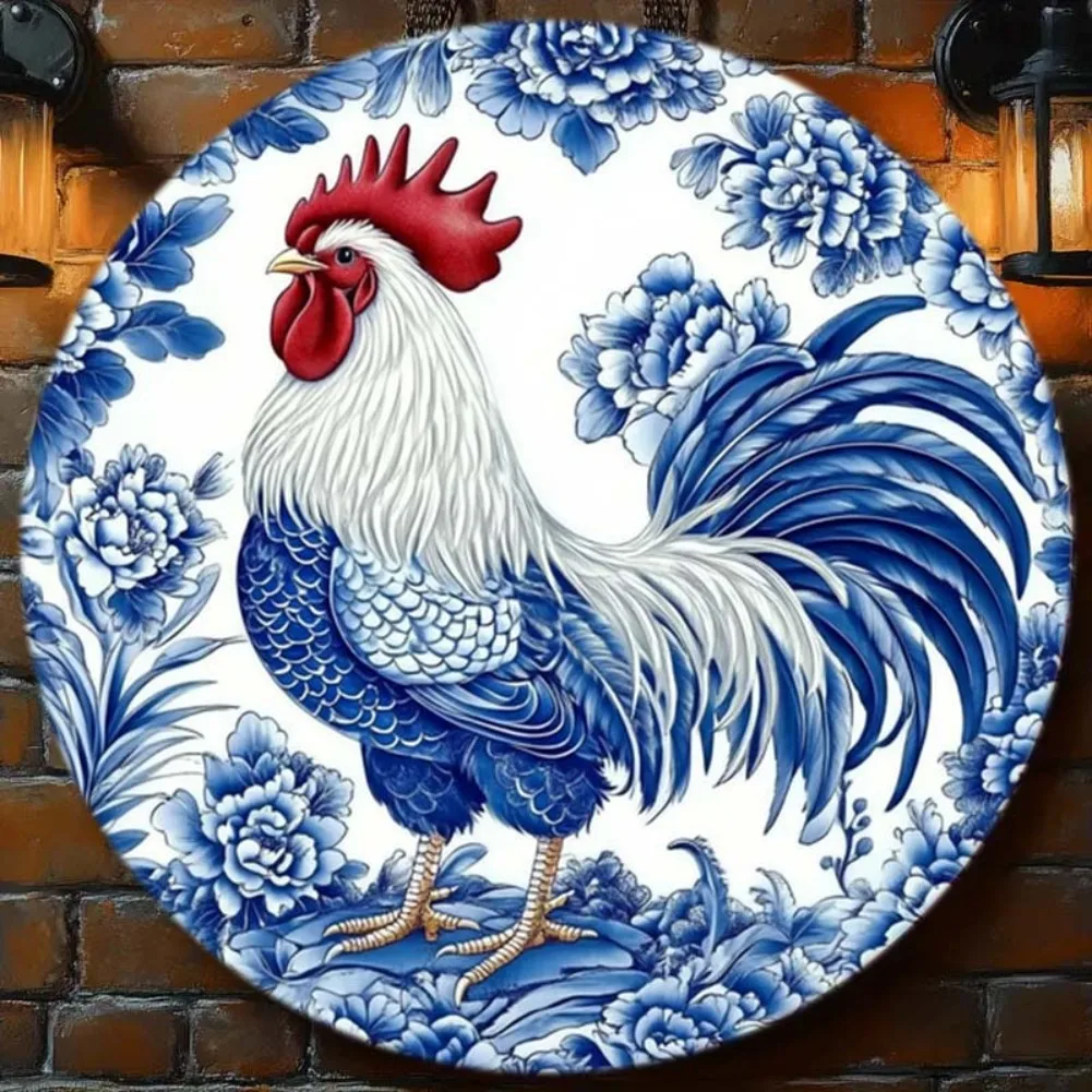 레트로 수탉 알루미늄 벽 장식 - 1개 2D 플랫 블루 & 화이트 도자기 스타일, 닭 장 꽃무늬 장식 접시, 사무실용