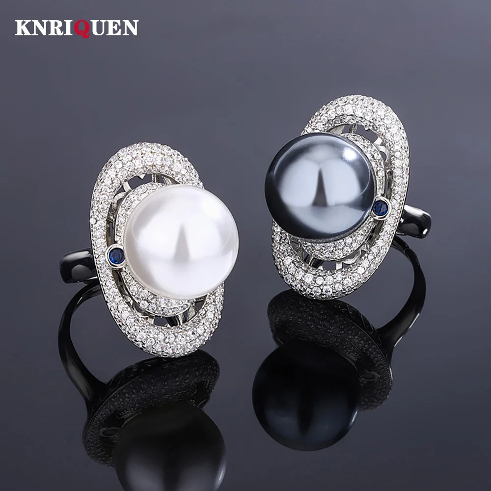 Luxury 16MM White Black Big Pearl Rings for Women Lab Diamond CZ Ring Cocktail Party Fine Jewelry Accessories Anniversary Gift