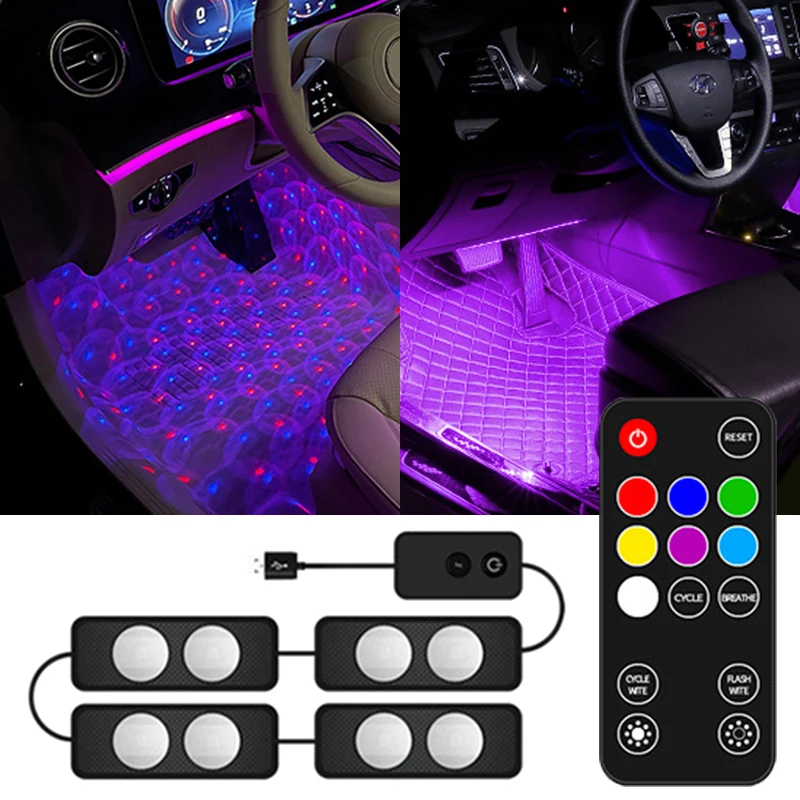 

OKEEN 4p светодиодный RGB Автомобильный ножной окружающий светильник USB беспроводной с пультом дистанционного управления Универсальный Авто интерьерный декоративный атмосферный светильник 12 В