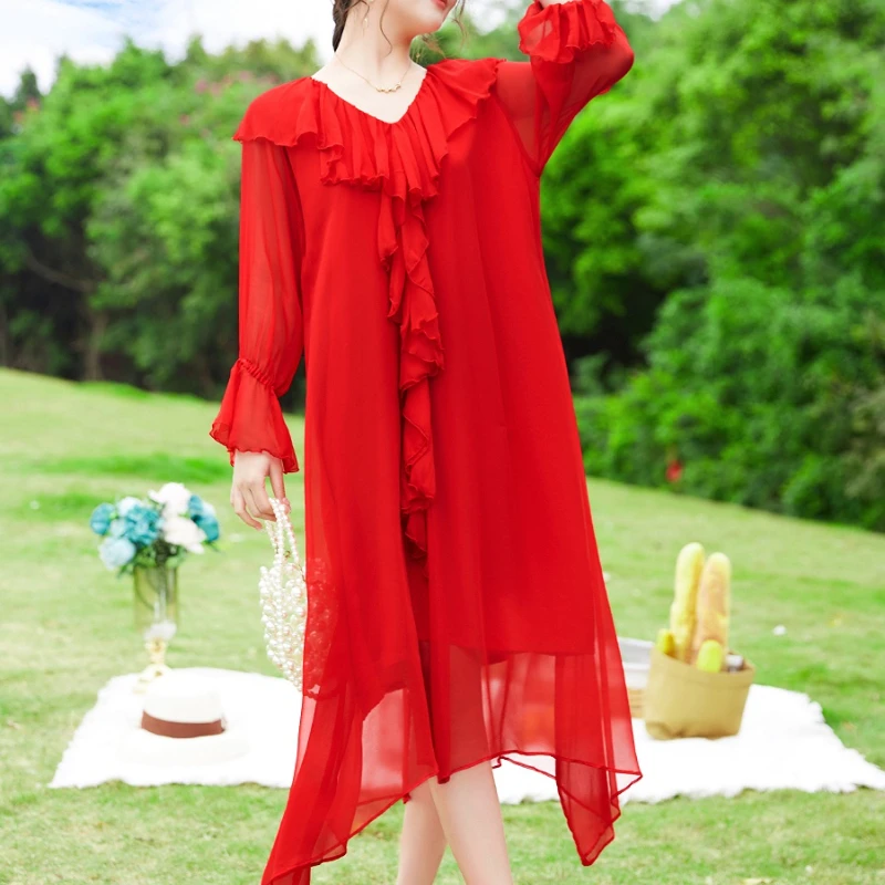 

Женские платья 2023, красное платье из шелка тутового шелкопряда, высококачественное тонкое темпераментное длинное платье, женская одежда на весну и лето, женское платье