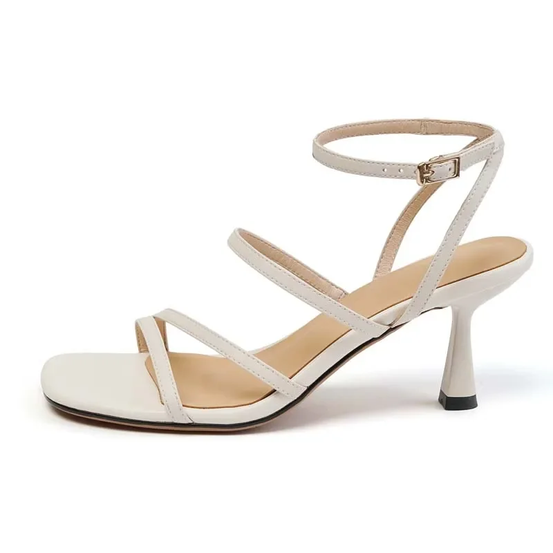 Women's Summer Ankle Strap Sandals Open Toe High Heels Party Lady Fashion Beige Apricot One Word Buckle