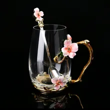 

New Home Decoration Enamel Flower Glass Cup Mug for Coffee Tea Glass Mugs with Spoon Drinkware Wedding Gifts Tea Cups Set