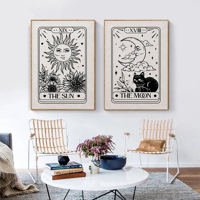 

Tarot Astrology Poster Abstract Mystical Sun Moon Cat Canvas Painting Black White Art Print Wall Picture Living Room Home Decor