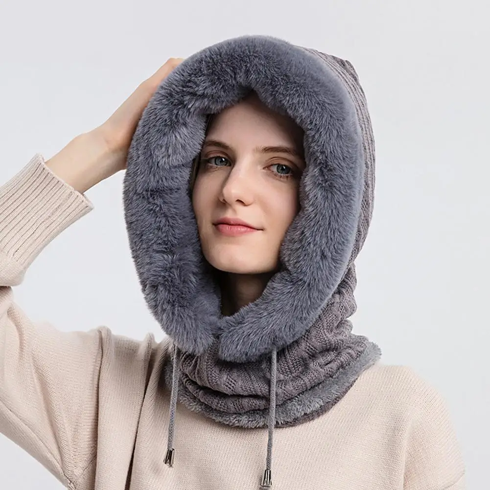 Winter Fur Cap Mask Set Hooded for Women Knitted Cashmere Neck Warm Balaclava Ski Windproof Hat Thick Plush Fluffy_voghion.com