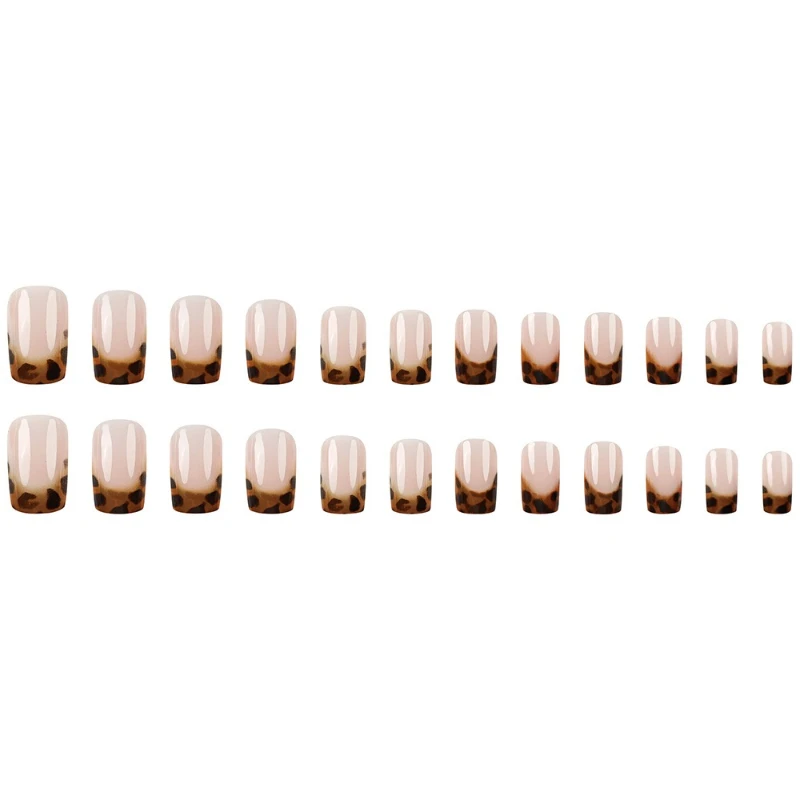 24개입 가짜 손톱 레오파드 프린트 프렌치 팁 유로 스타일 사각형 중간 길이 프레스온 네일 소녀와 친구들을 위한 완벽한 선물