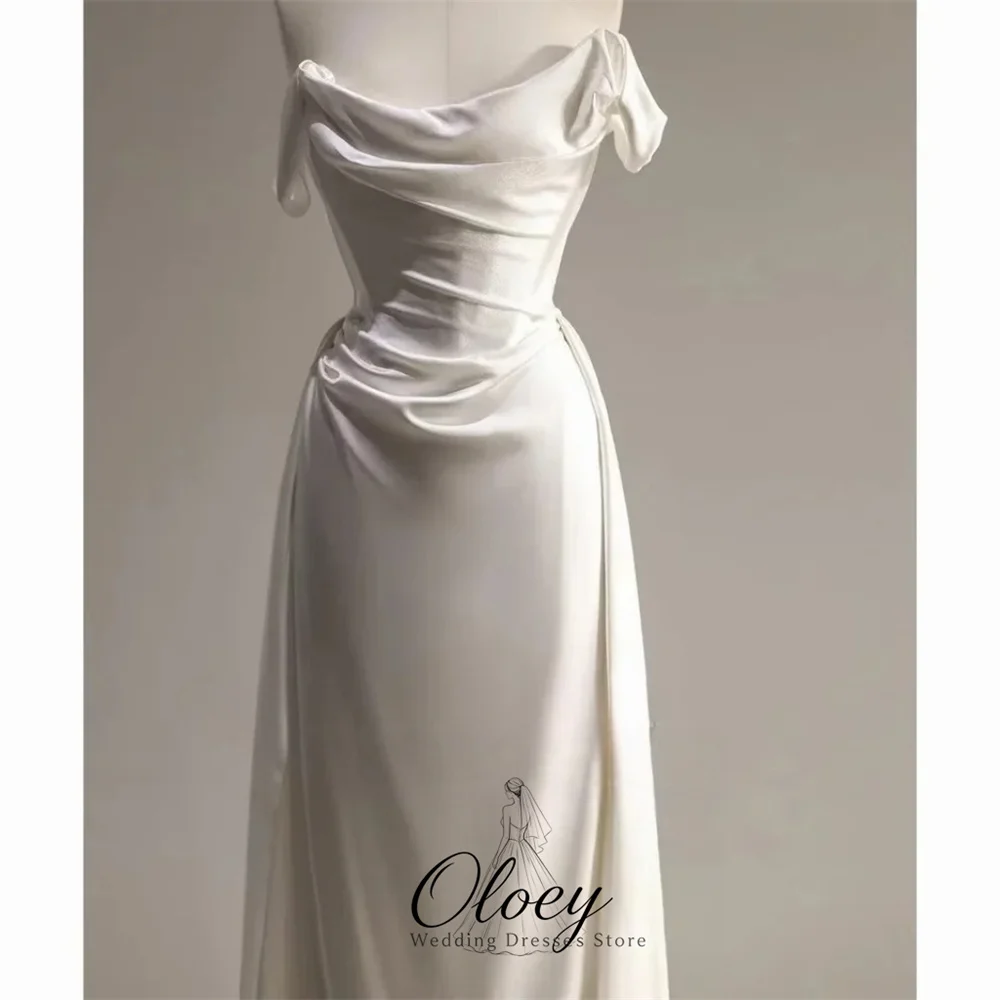 OLOEY Customized Minimal Off The Shoulder Satin Bridal Gown Mermaid Short Sleeve Korea Wedding Dress Photo Shoot Lawn Wedding