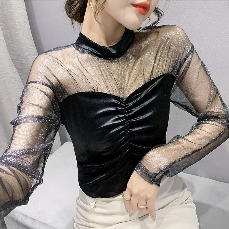 

#5729 черная сетчатая футболка с соединением из плюша, Женская Сексуальная Прозрачная женская футболка, облегающие Женские футболки с длинным рукавом, Весенние футболки со складками