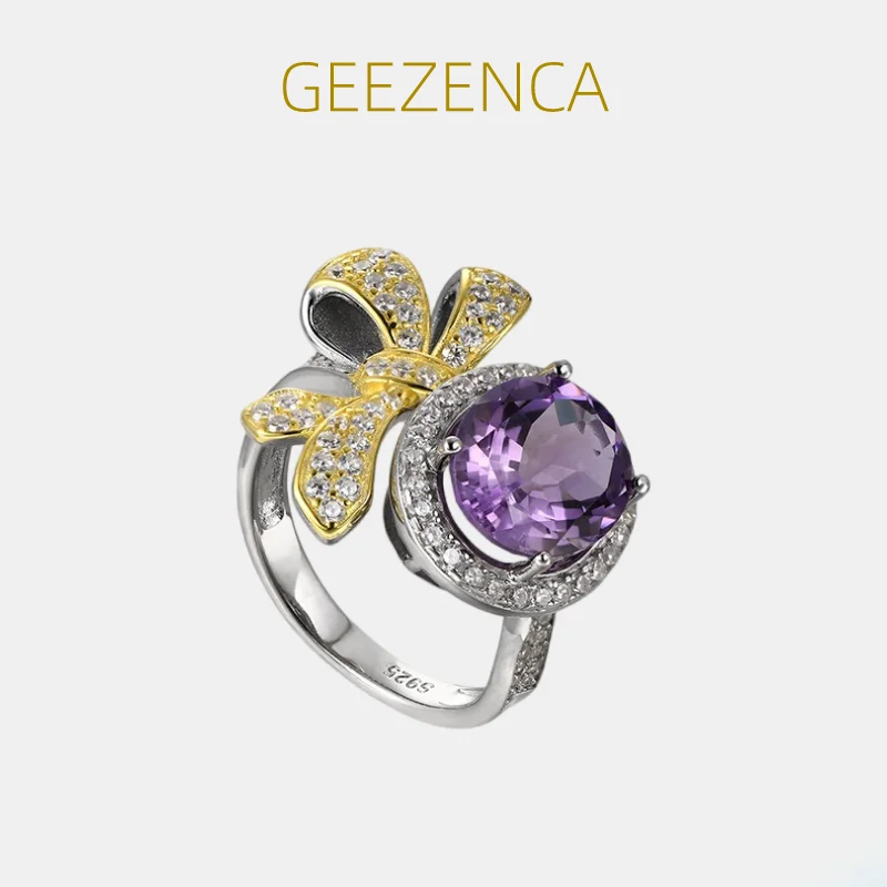 

GEEZENCA Natural Amethyst S925 Silver 5A Zircon Bowknot Rings For Women Two Tone Designer Chic Big Cocktail Luxury Ring 2023 New
