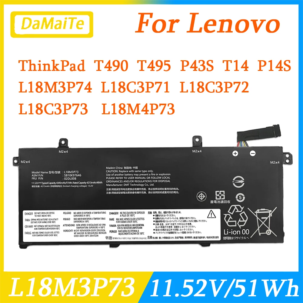 L18M3P73 Laptop Battery For Lenovo ThinkPad T490 T495 P43S L18C3P72 L18L3P73 L18M3P74 SB10T83122 02DL007 11.52V 51Wh