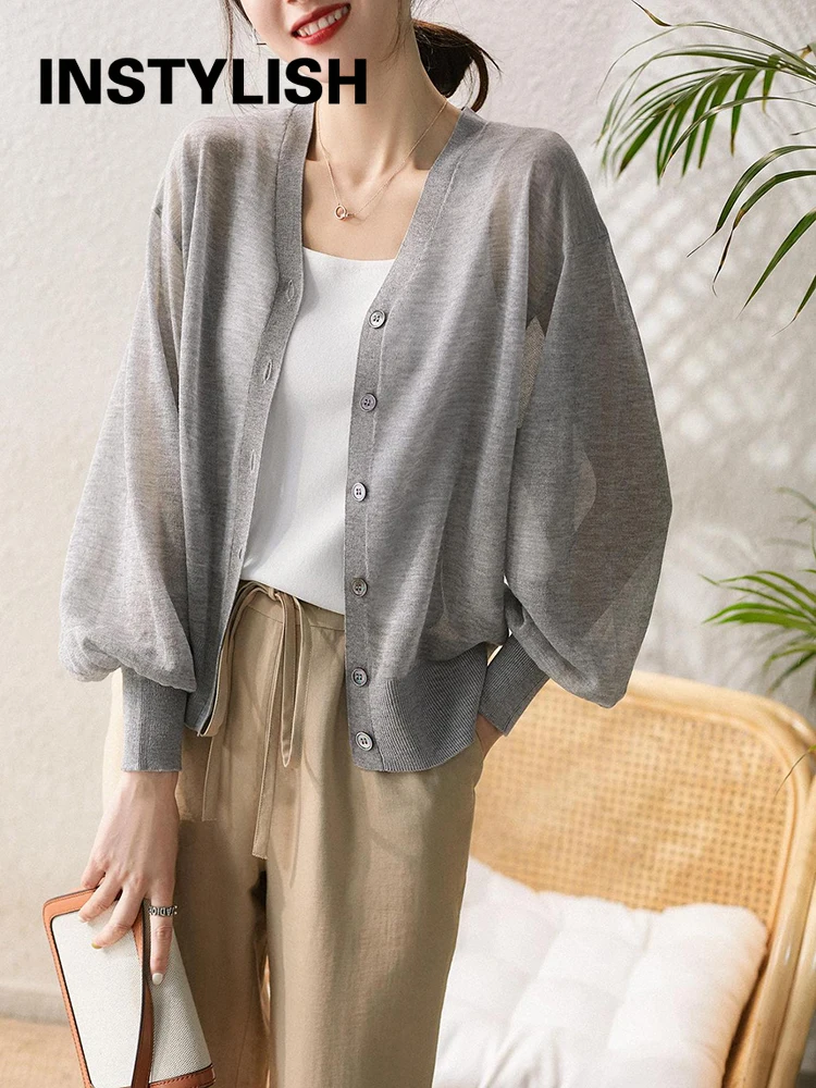 Women Elegant V Neck Single Breasted Thin Sun-proof Cardigan Elegant Korean Knit Simple Solid Sheer Tops Summer Casual Outwear 2