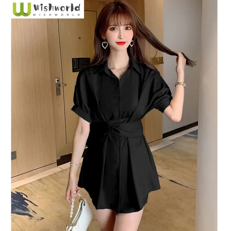 Women's Suit 2023 Spring and Summer Cross High Waist Dress Fashion Slim Waist Shirt Skirt Casual Shorts Two-piece Set casual long sleeve two piece set women spring summer tracksuit loungewear oversized long shirt high waist shorts outfits