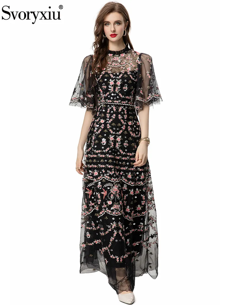 

Svoryxiu Runway Fashion Summer Party Vintage Long Dress Women's Flounces Collar High Waist Net Yarn Floral Embroidery Dress