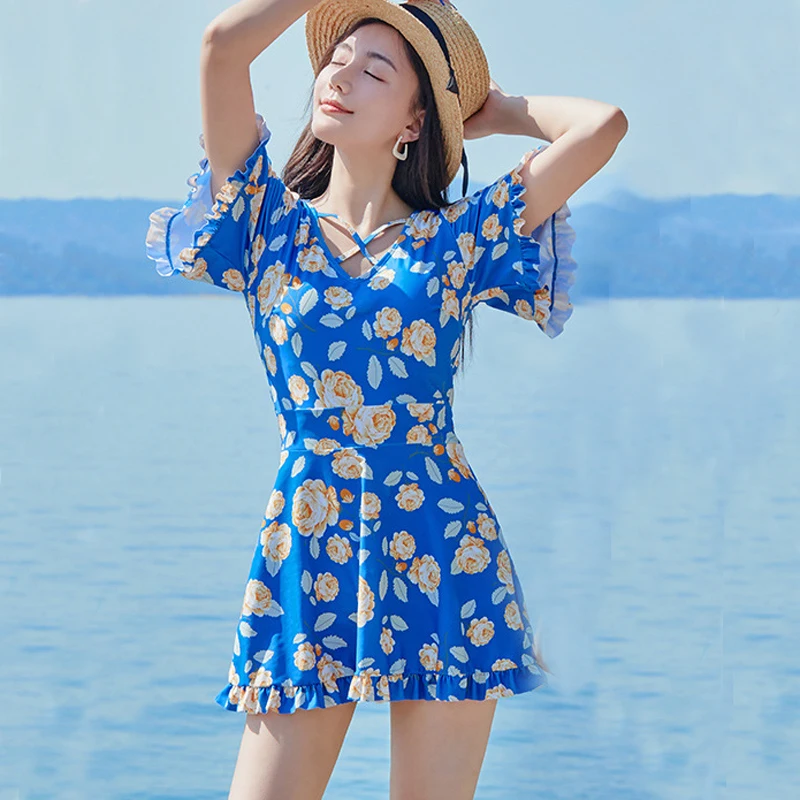 Two Piece Swimwear Women Korean Swimsuit With Skirt Boxer Bottom High