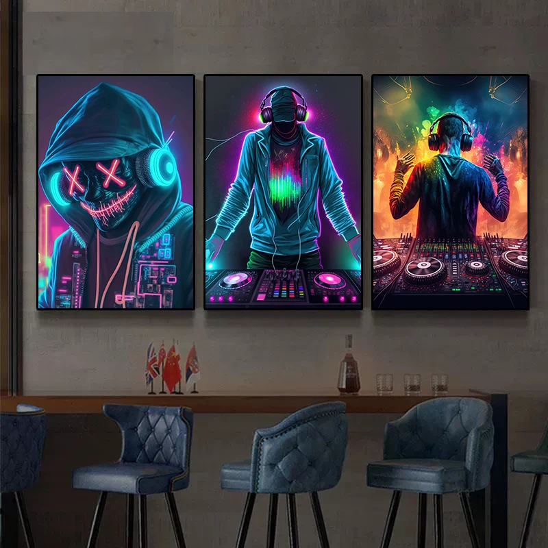Neon Design Music Cool DJ Headphone Poster Canvas Painting