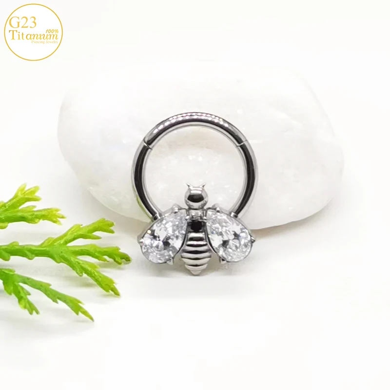 Zircon Little Bee Earrings F136 Titanium Septum Piercing Nose Rings Cartilage Clicker Rings Tragus Helix Piercing Body Jewelry