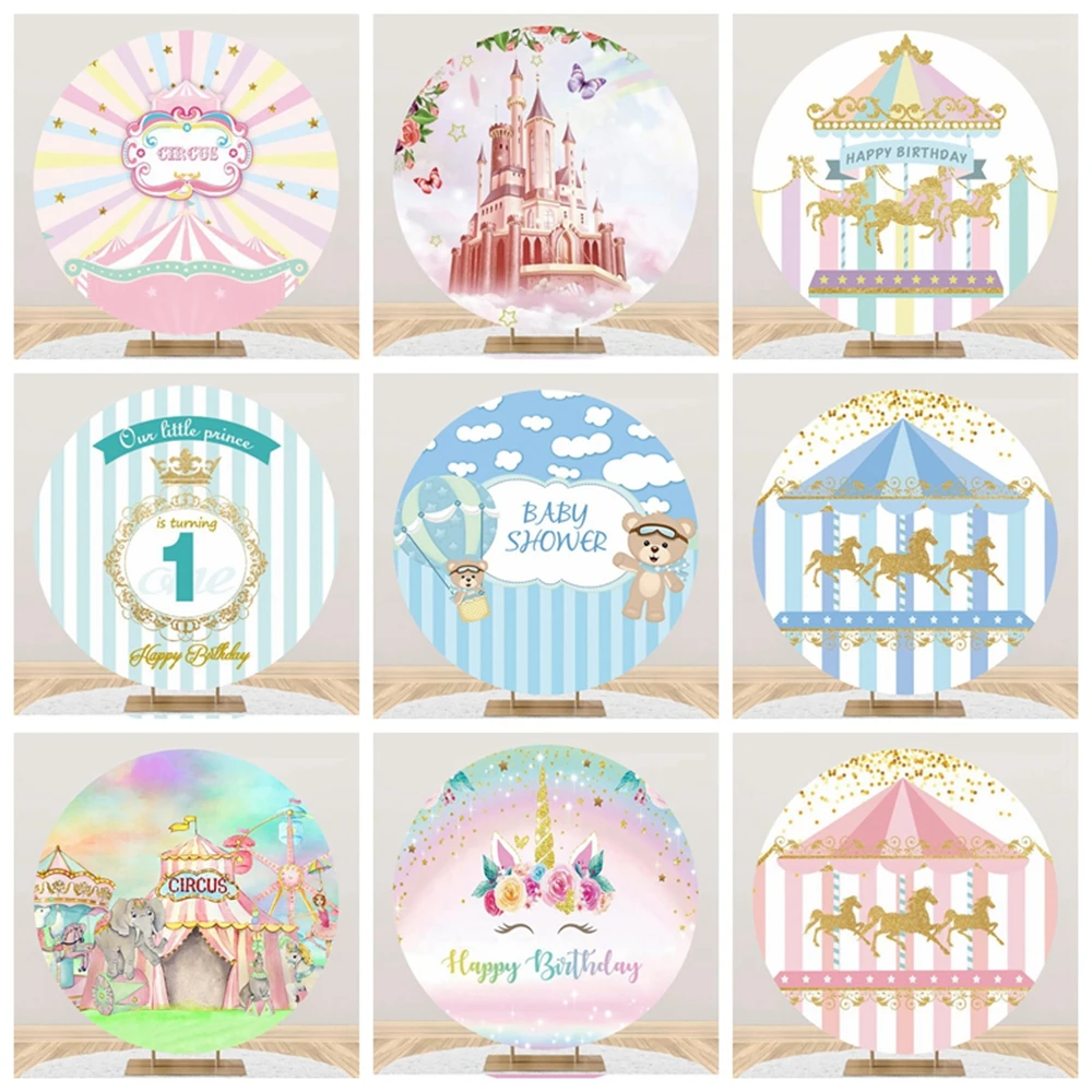 

Baby Birthday Round Background Carousel Amusement Park Scene Circle Photography Backdrop Newborn Castle Party Photographic