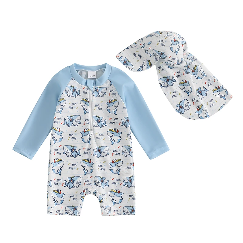 1-4T Toddler Boys Rash Guard Swimsuit Dinosaur/Shark Print Long Sleeve Zip Bathing Suit with Swim Cap
