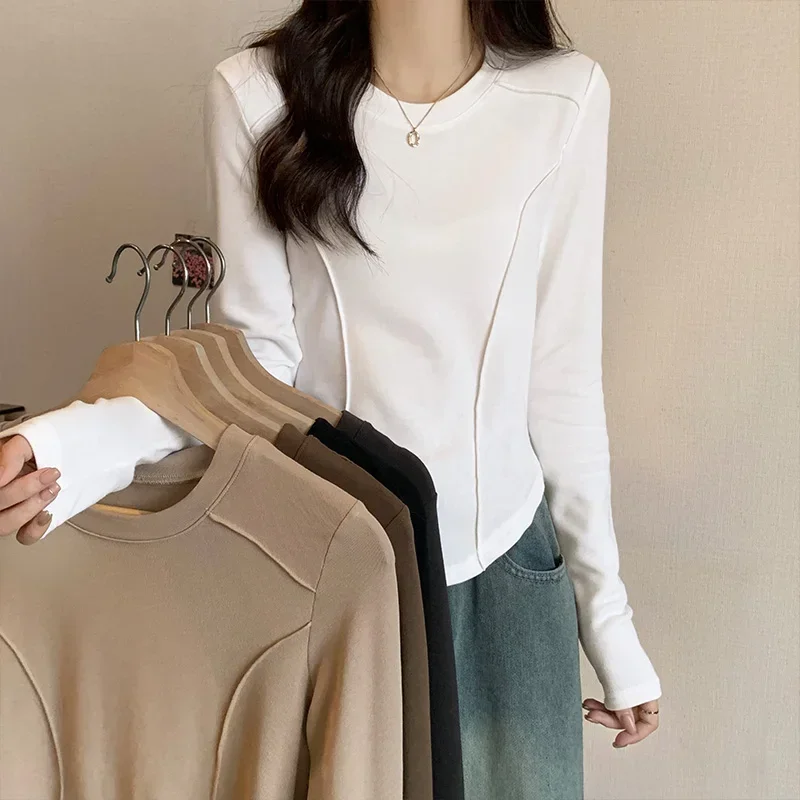 

Real shot front shoulder long-sleeved bottoming shirt women's early autumn and winter new design sense slim fishbone t-shirt top