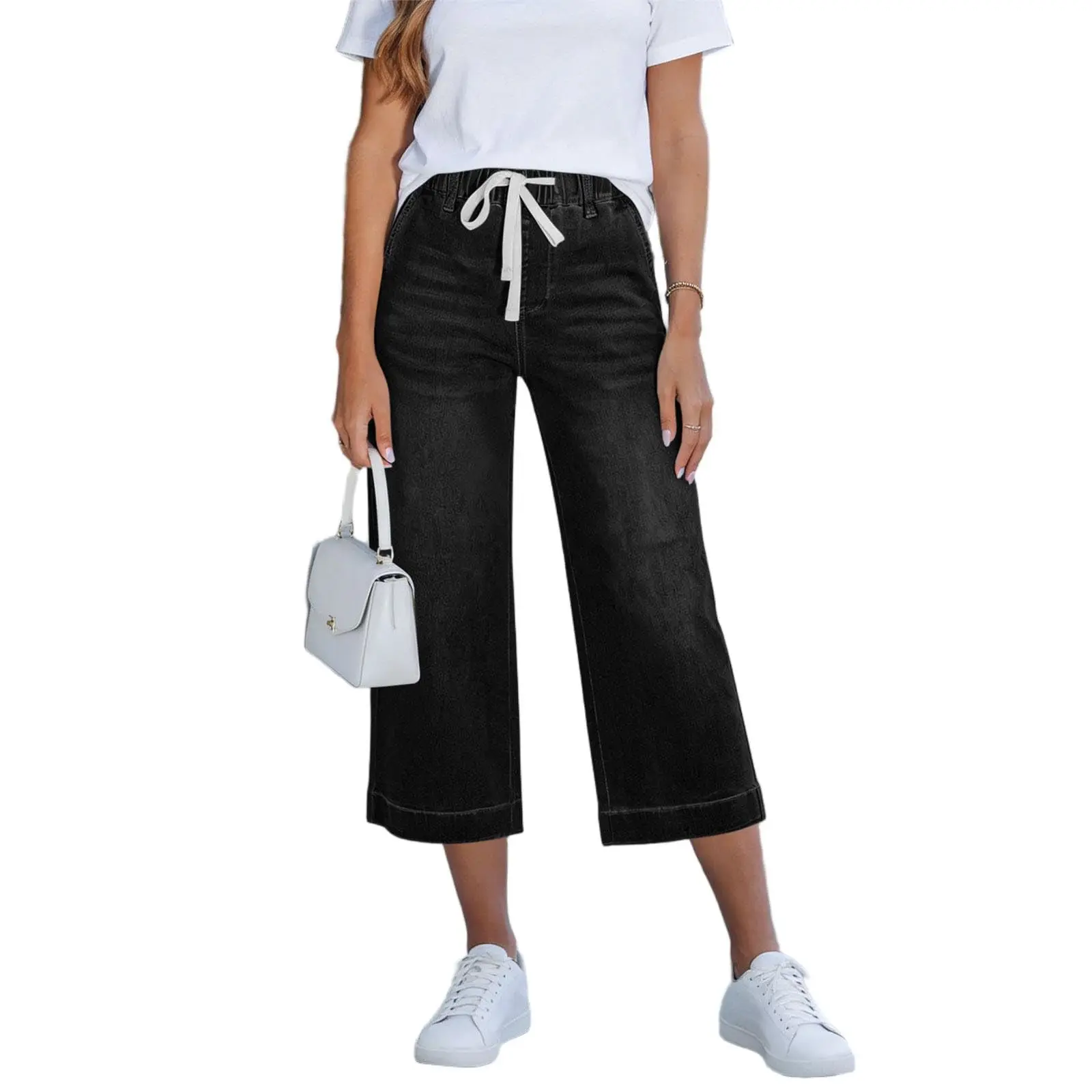 Capri Pants For Women Summer Drawstring Elastic Waist Jeans Female Straight Casual Wide Leg Trousers Streetwear Denim Capris - 5