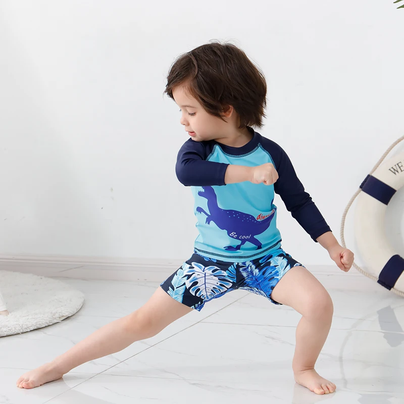 2-16 Y Children's One Piece Swimsuit Blue Dinosaur Set with Swimwear Cap Boys Summer Beachwear