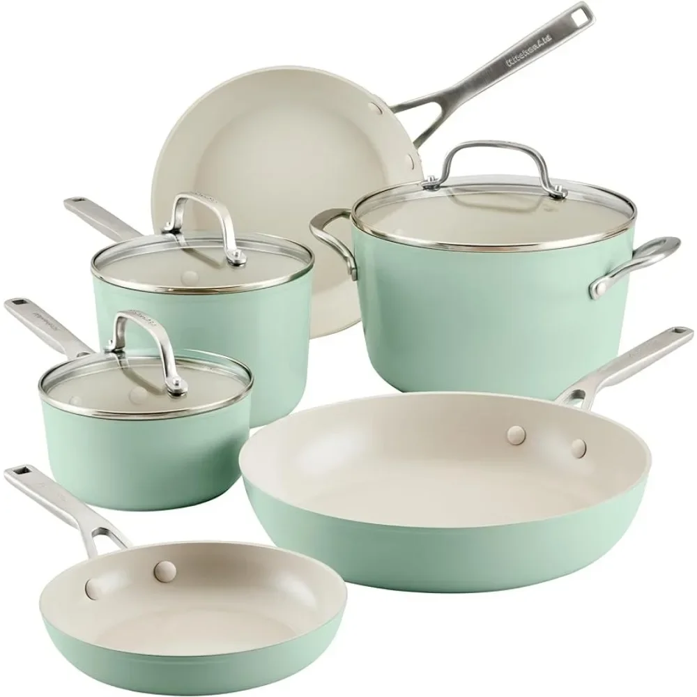 

Hard Anodized Ceramic Ceramic Nonstick Cookware Pots and Pans Set Non Stick Pots for Cooking Set 9 Piece - Pistachio Kitchen Bar