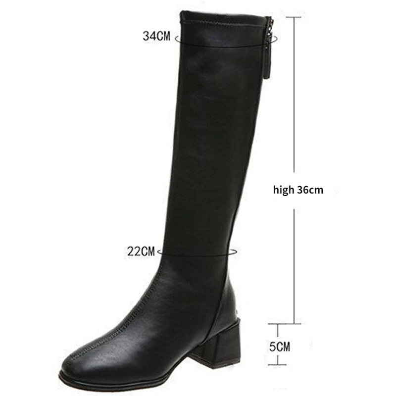 2022 Knee High Boots Women Fleece Chunky High Heels Back Zipper Thigh High Boots PU Leather Shoes Fashion Winter Long Boots
